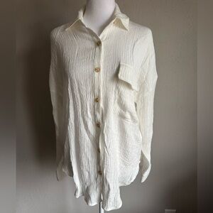 Blu Pepper White Relaxed Beachy Oversized Crinkle Button Down Blouse Women’s S